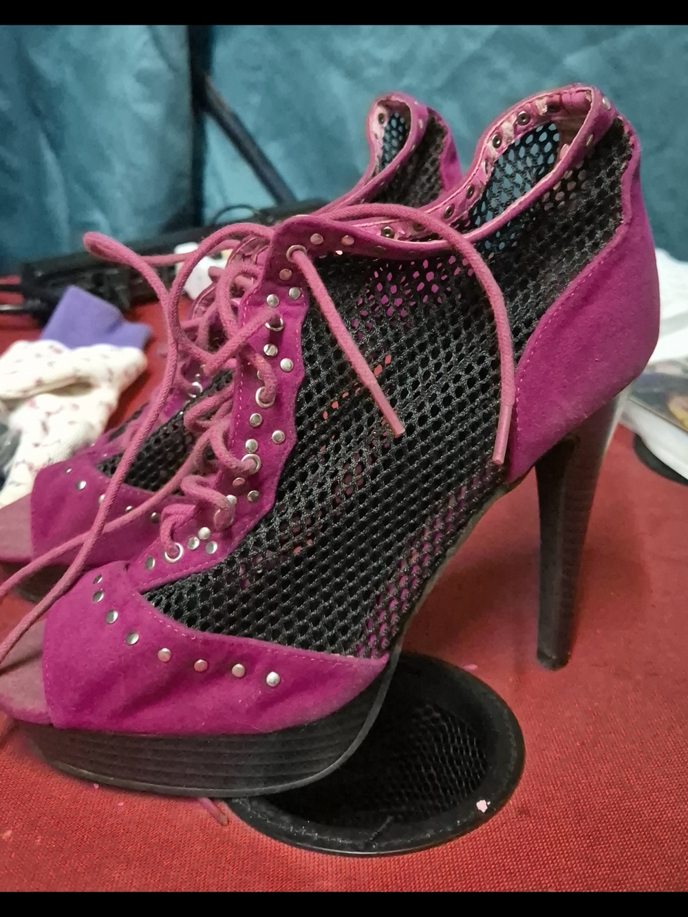 Fuchsia Lace-Up Mesh High Heel Booties